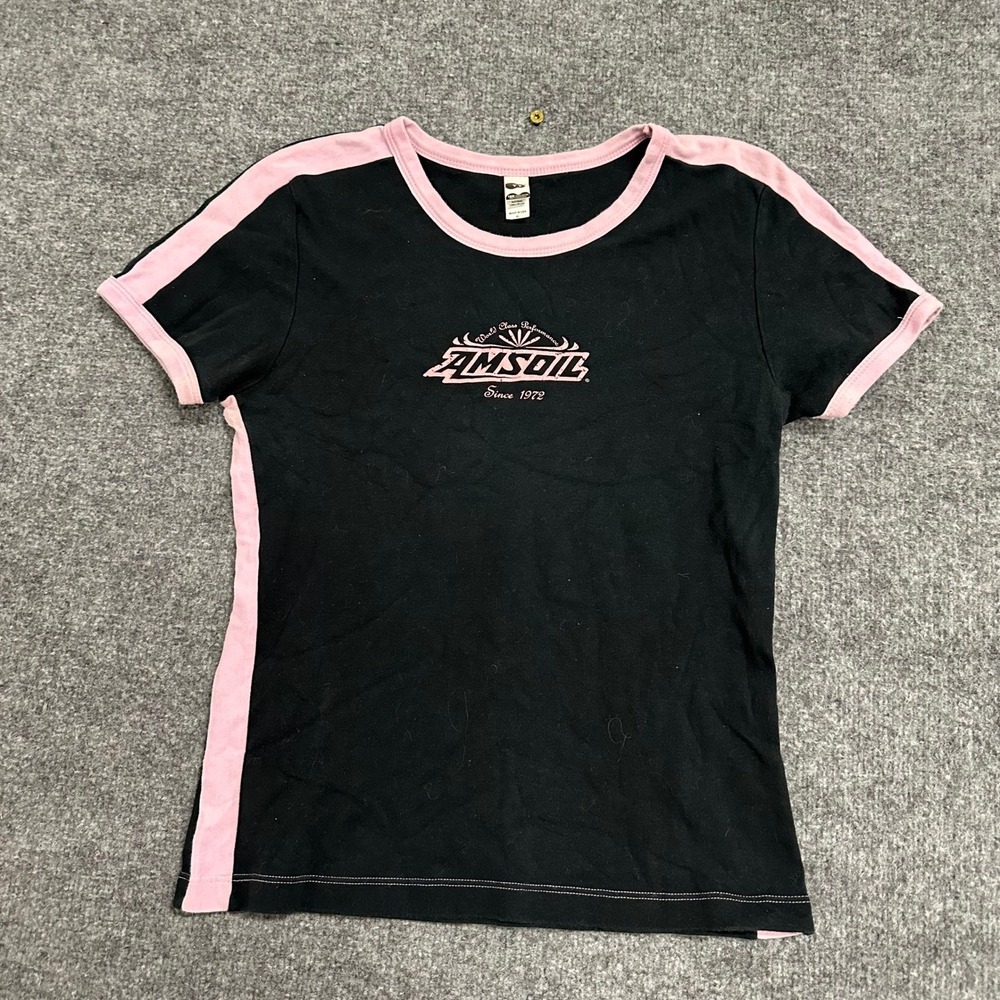 Amsoil T-shirt Womens Size XL Black Pink Ringer Stripe Combed Cotton USA Made
